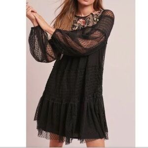 Anthropologie Maeve Samara Dress M Mesh Floral Embroidered Boho Black Romantic